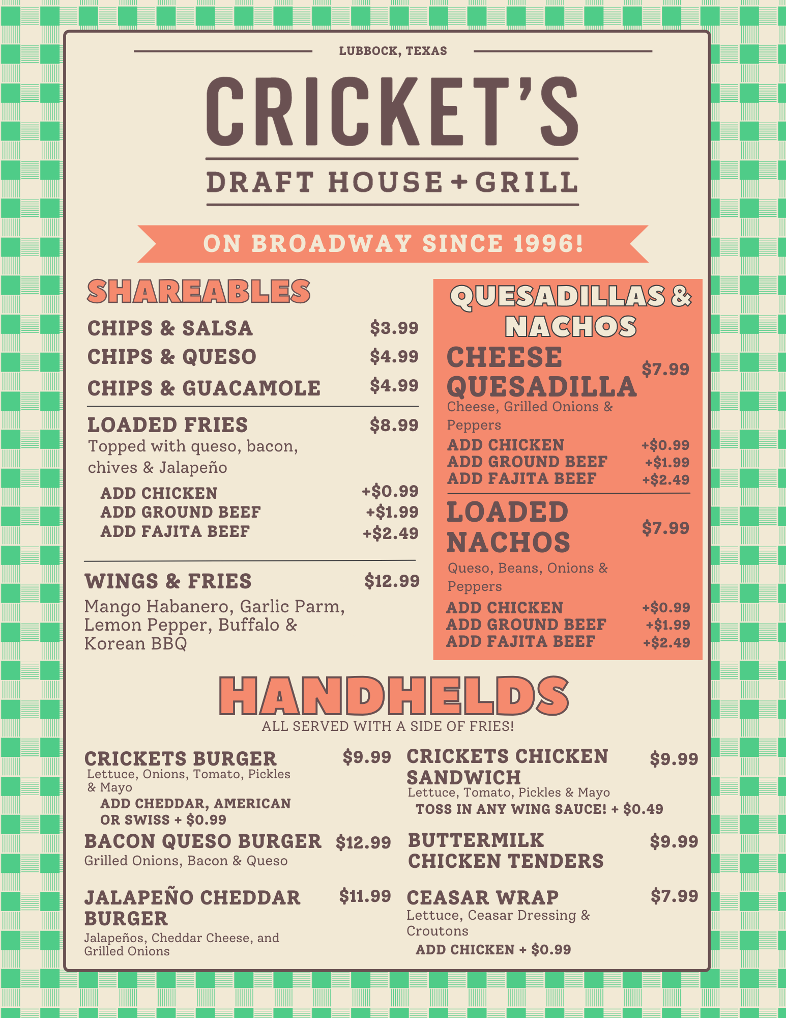 Crickets Spring 2026 Food Menu